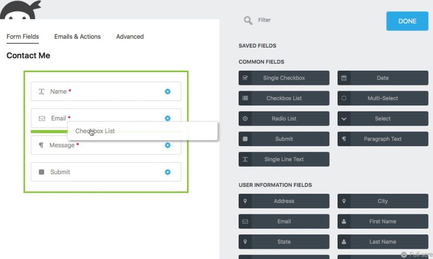 Impression écran du plugin Ninja Form de Wordpress